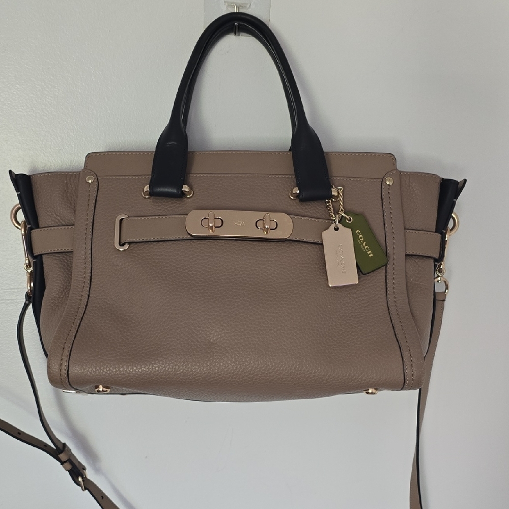 Coach Tan and Black Satchel with Gold Hardware